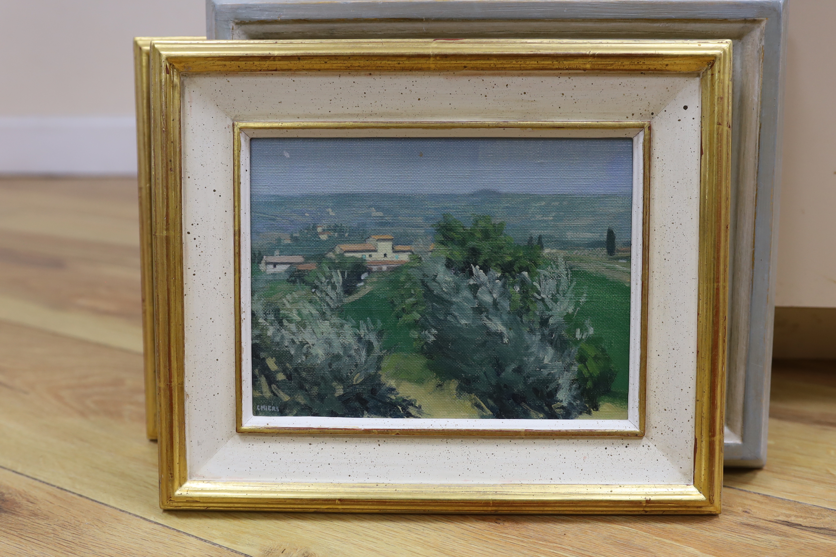 Christopher Miers RBA (b.1941), three oils on canvas board, Tuscan views and Windsor Castle, each signed, with details verso, largest 15 x 19cm